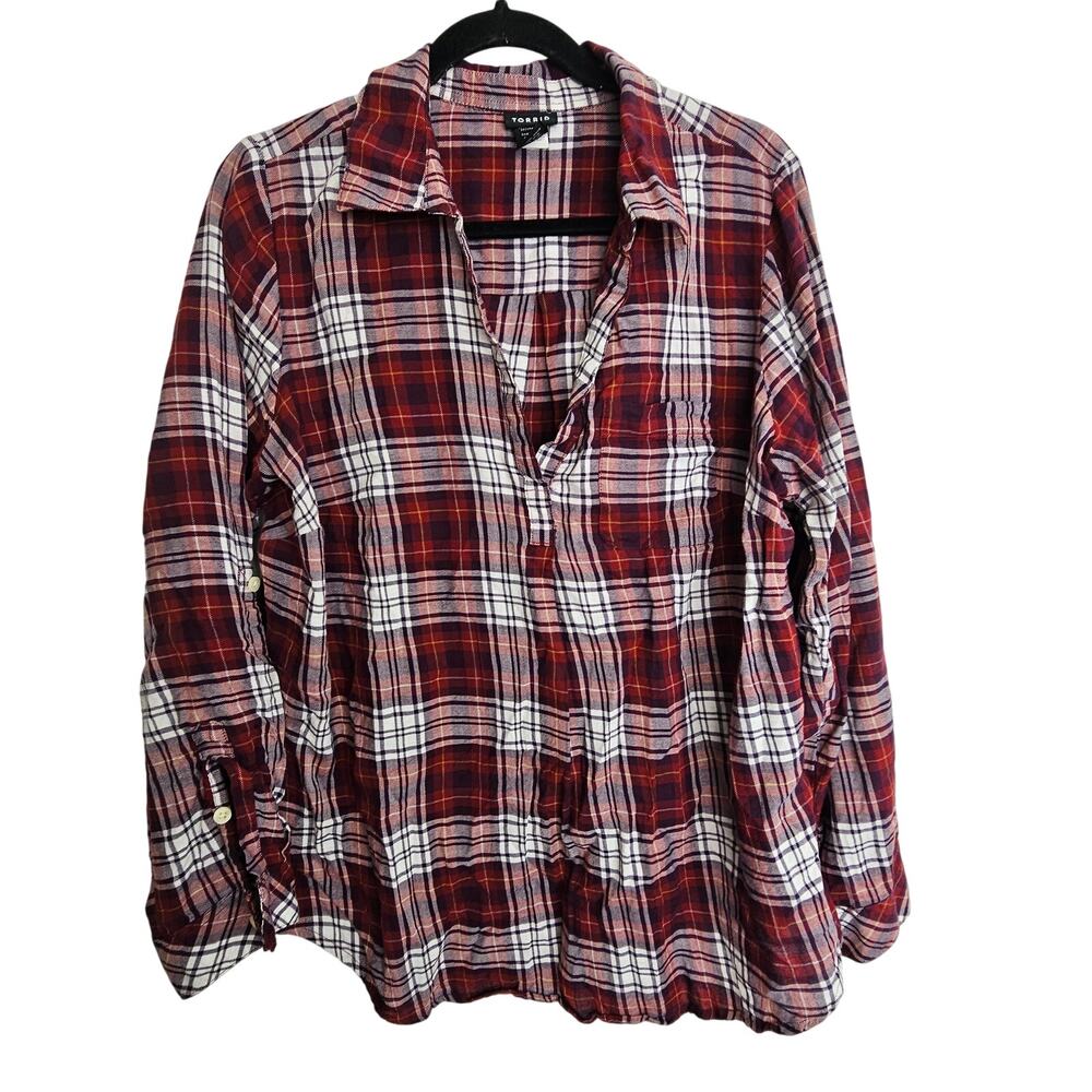 Torrid Plaid Tunic Plus Size 2X Skater Grunge Cotton Breathable Lightweight Red